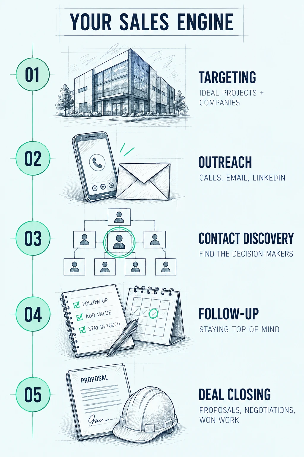 The five stages of an outsourced construction sales engine: targeting, outreach, contact discovery, follow-up, and deal closing.