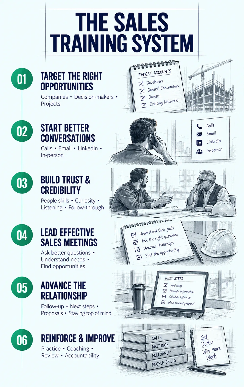 Commercial construction sales training system: target the right opportunities, start better conversations, build trust, lead sales meetings, advance the relationship, and improve.