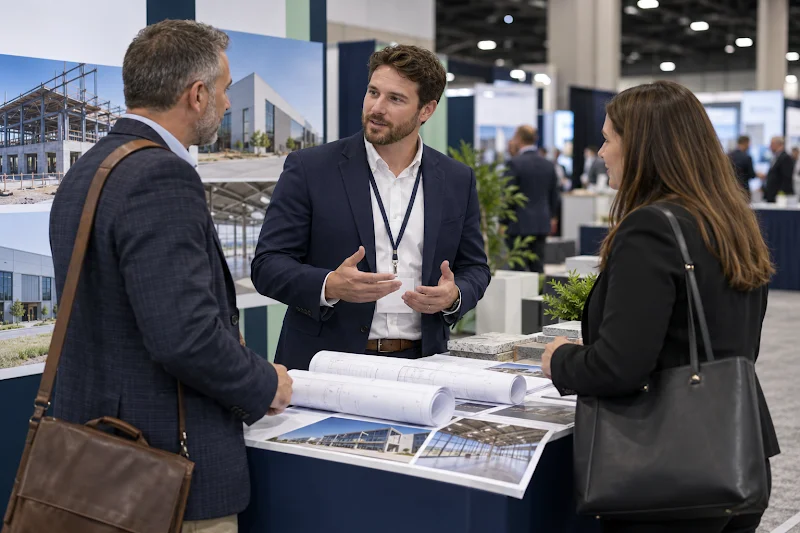 Contractor team talking with visitors at a construction trade show booth