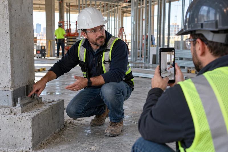 Superintendent filming a jobsite explanation on a phone for construction video marketing
