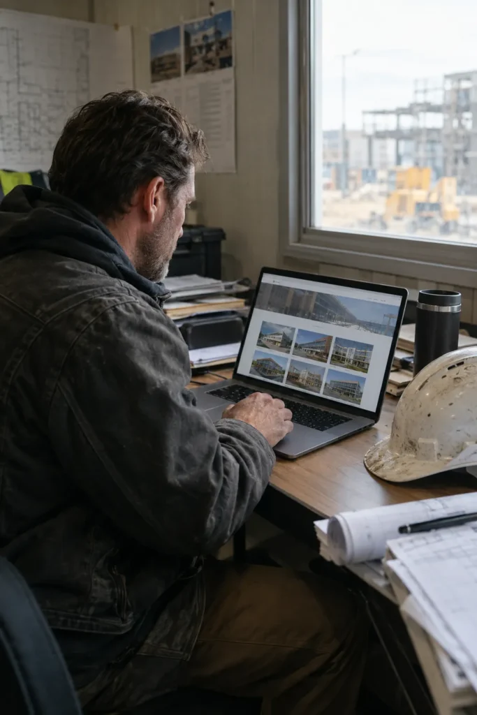 Commercial construction project manager in a jobsite trailer reviewing a contractor website on a laptop