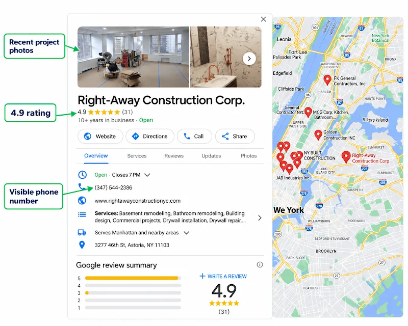 Contractor Google Business Profile with rating, recent photos and a visible phone number