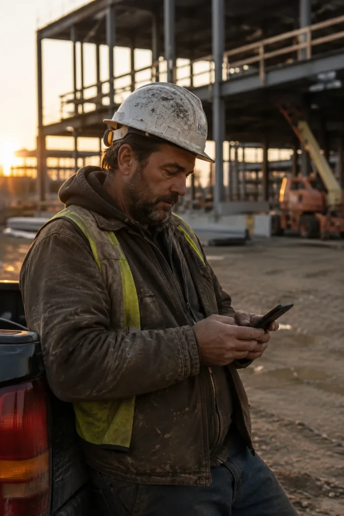 Commercial construction company owner at a jobsite at the end of the day, typing a message on his phone