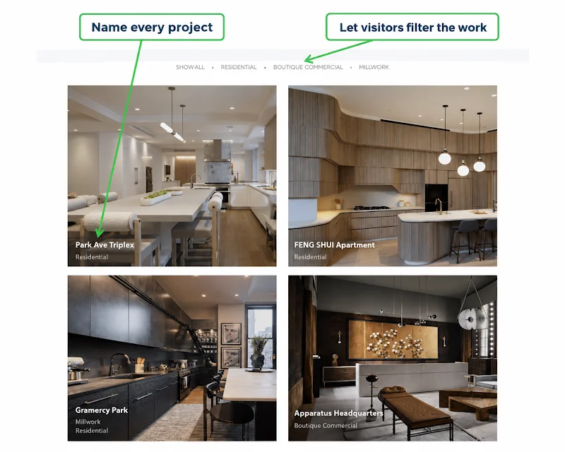 Contractor website portfolio that names each project and lets visitors filter the work