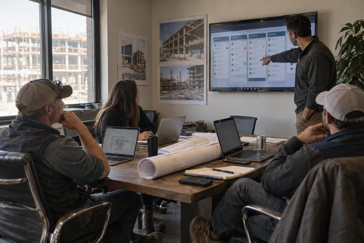 Contractor team reviewing the deal board on a wall screen during a weekly pipeline meeting
