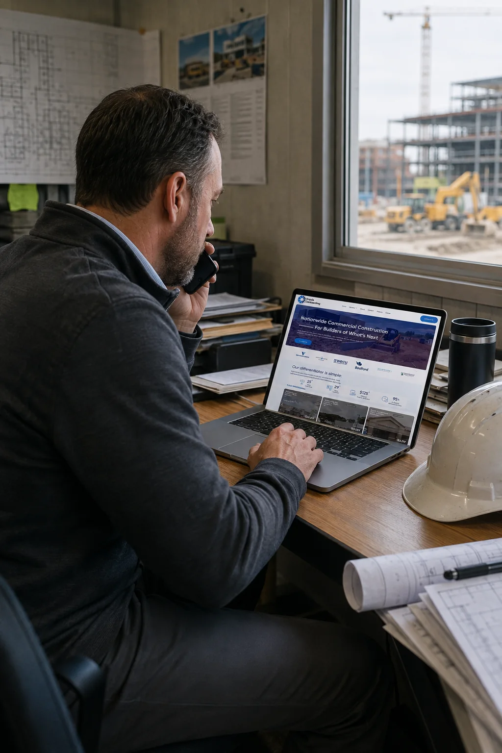 Commercial real estate developer on the phone reviewing a contractor's website