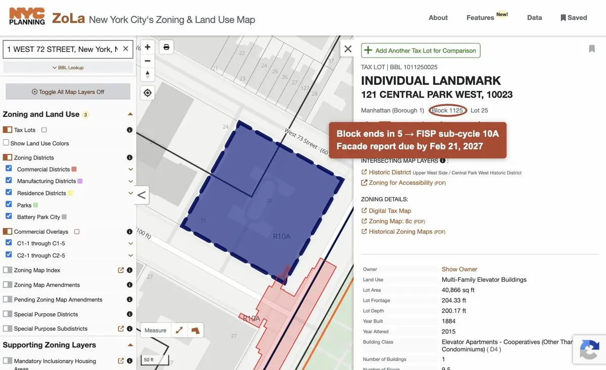 How to find a building block number on NYC ZoLa to determine its FISP sub-cycle and Local Law 11 filing deadline