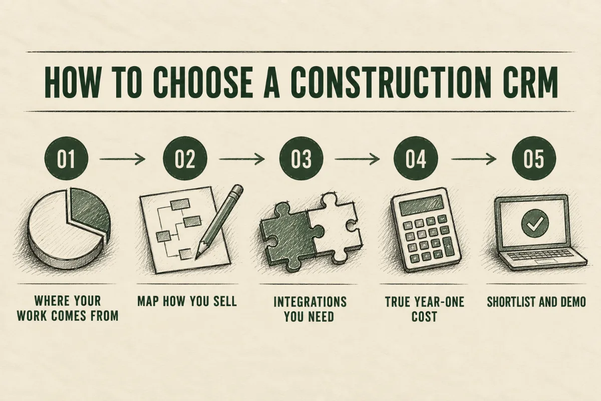 Five steps to choose a construction CRM, from mapping how you sell to shortlisting and demoing