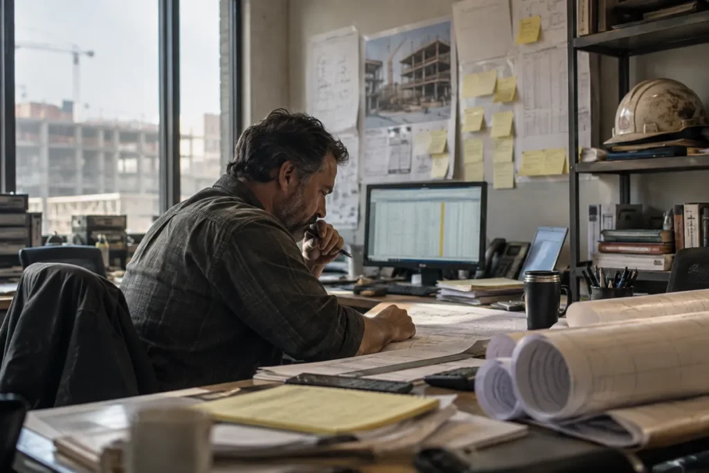 Commercial construction estimator reviewing plans at his desk while tracking bids, the kind of work a HubSpot construction CRM setup supports