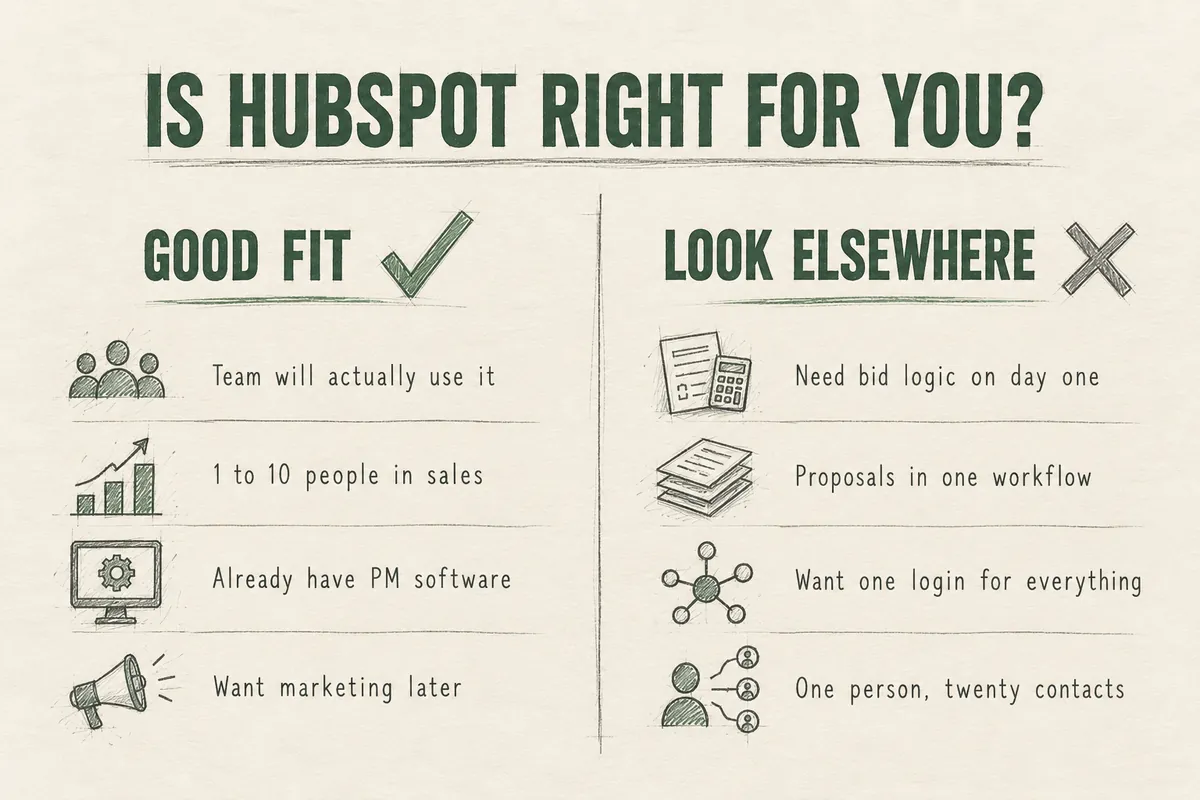 Checklist comparing when HubSpot is a good fit for a contractor and when to look at another CRM