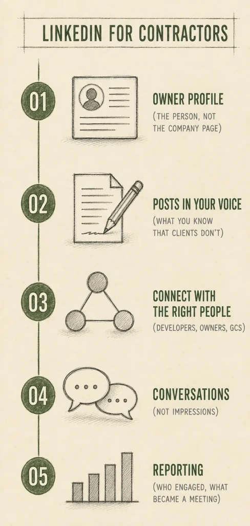 Sketch infographic of LinkedIn for contractors: owner profile, posts in your voice, connecting with the right people, conversations, and reporting