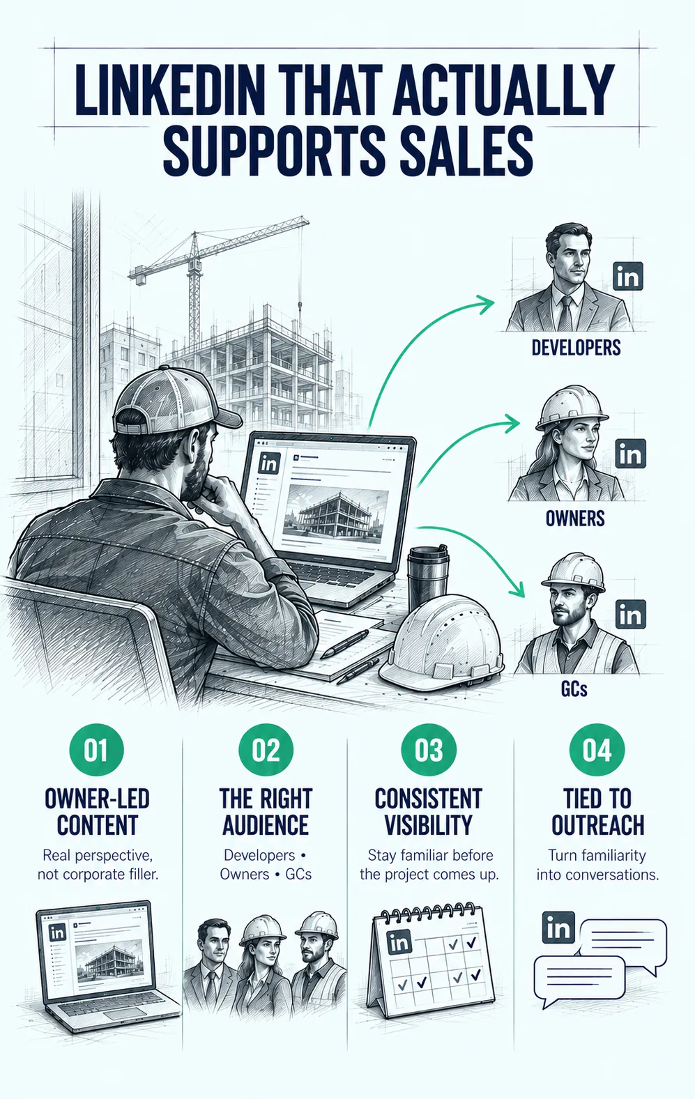 LinkedIn marketing for contractors that supports sales: owner-led content, the right audience of developers, owners and GCs, consistent visibility, and outreach.