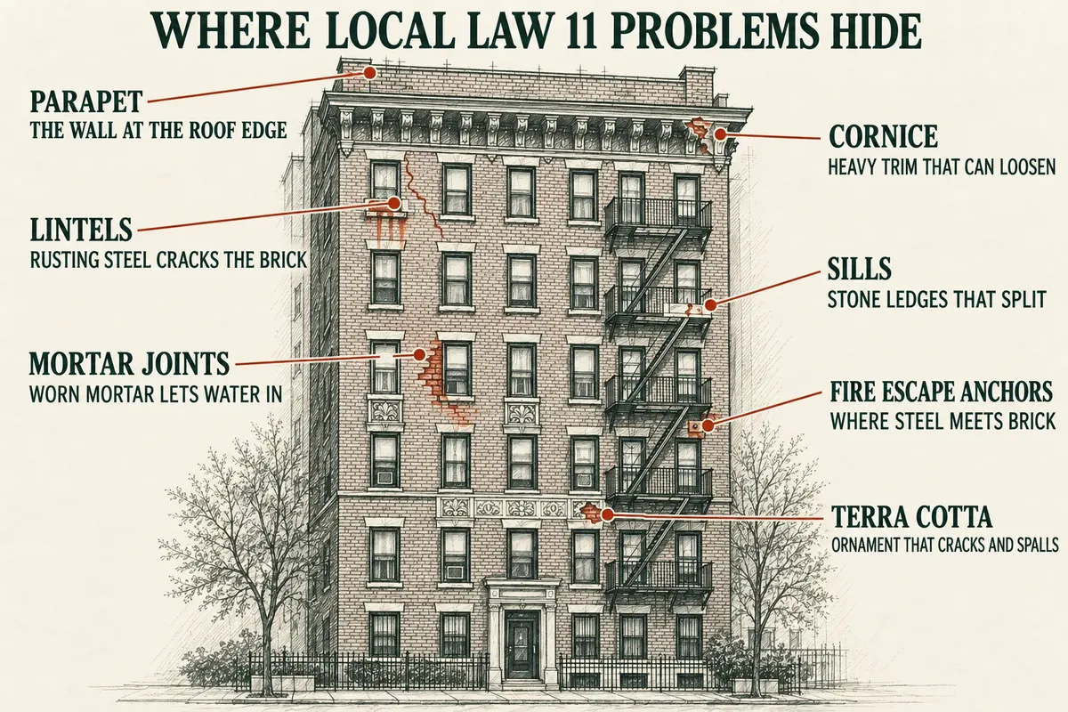 Where Local Law 11 facade inspections find problems: parapets, cornices, lintels, sills, mortar joints, fire escape anchors, and terra cotta