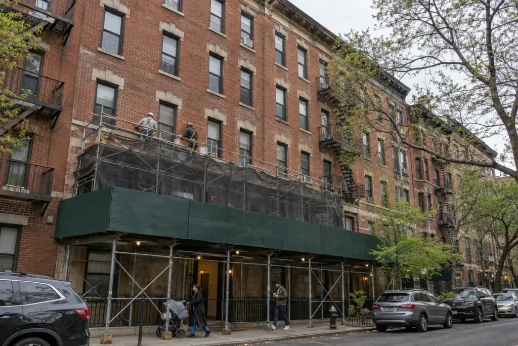 Local Law 11 facade repair on a pre-war NYC brick building with pipe scaffold and sidewalk shed