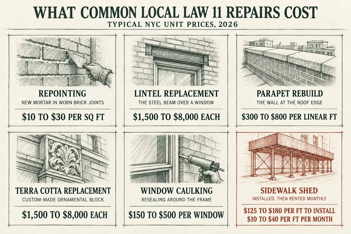 What common Local Law 11 repairs cost in NYC: repointing, lintels, parapets, terra cotta, caulking, and sidewalk sheds