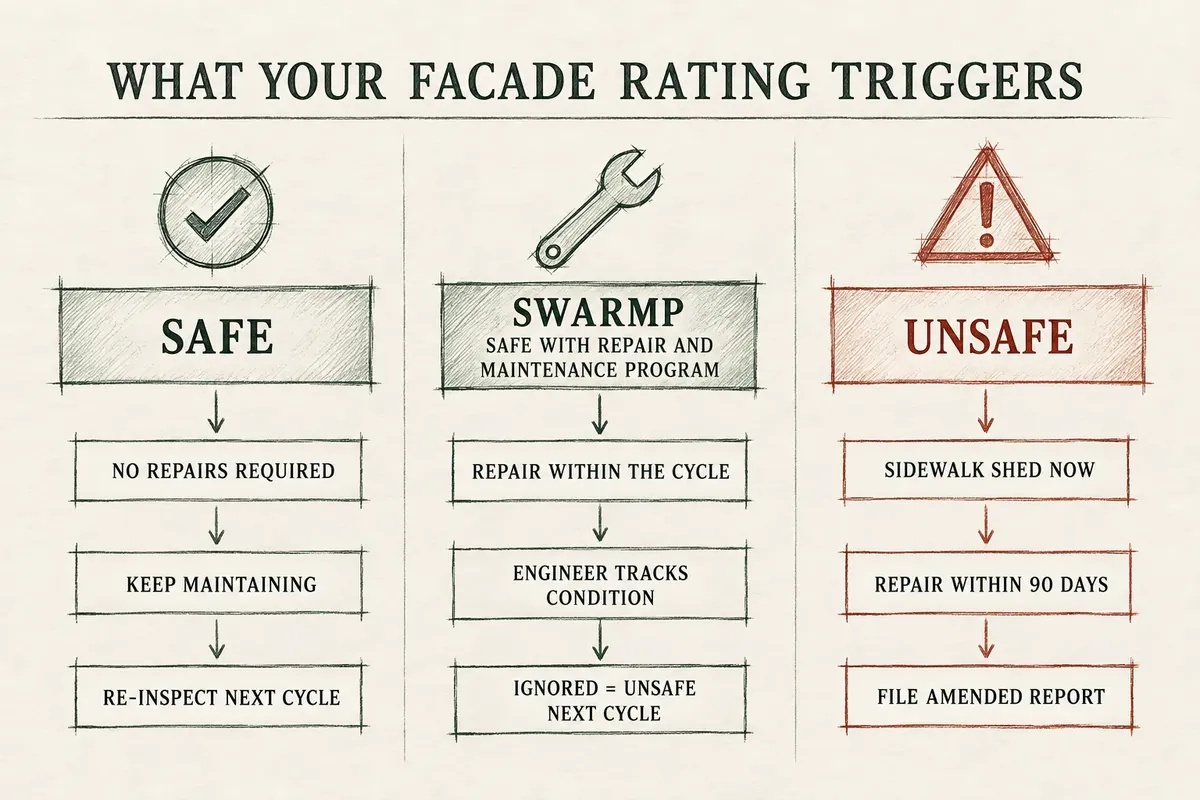What Safe, SWARMP, and Unsafe Local Law 11 facade ratings require from NYC building owners