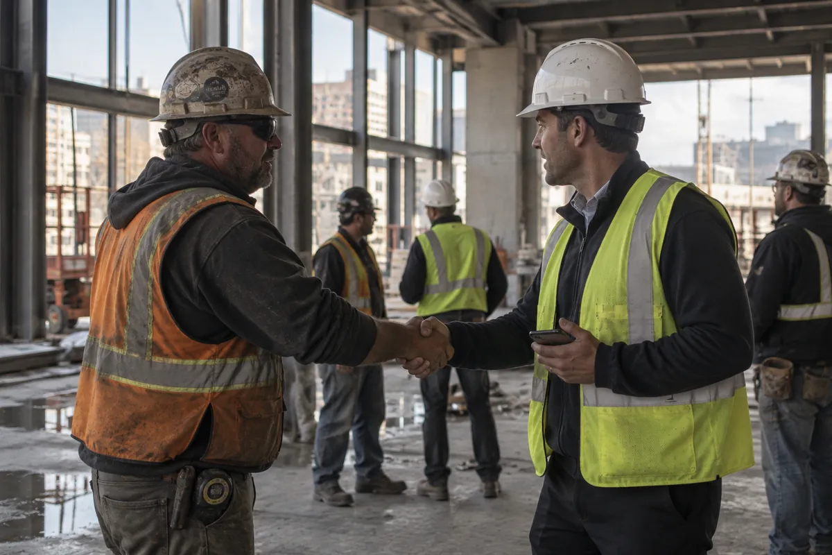 Business development rep shaking hands with a superintendent during a pre-bid site walk in a commercial building