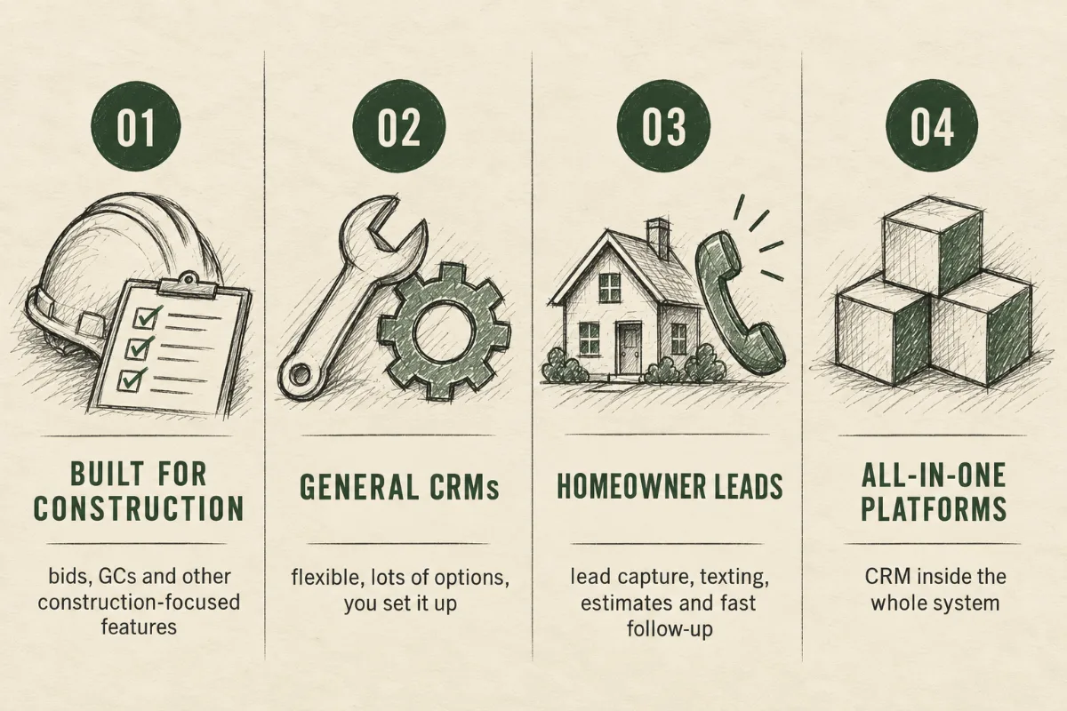 Four types of construction CRM software: built for construction, general CRMs, homeowner lead CRMs and all-in-one platforms