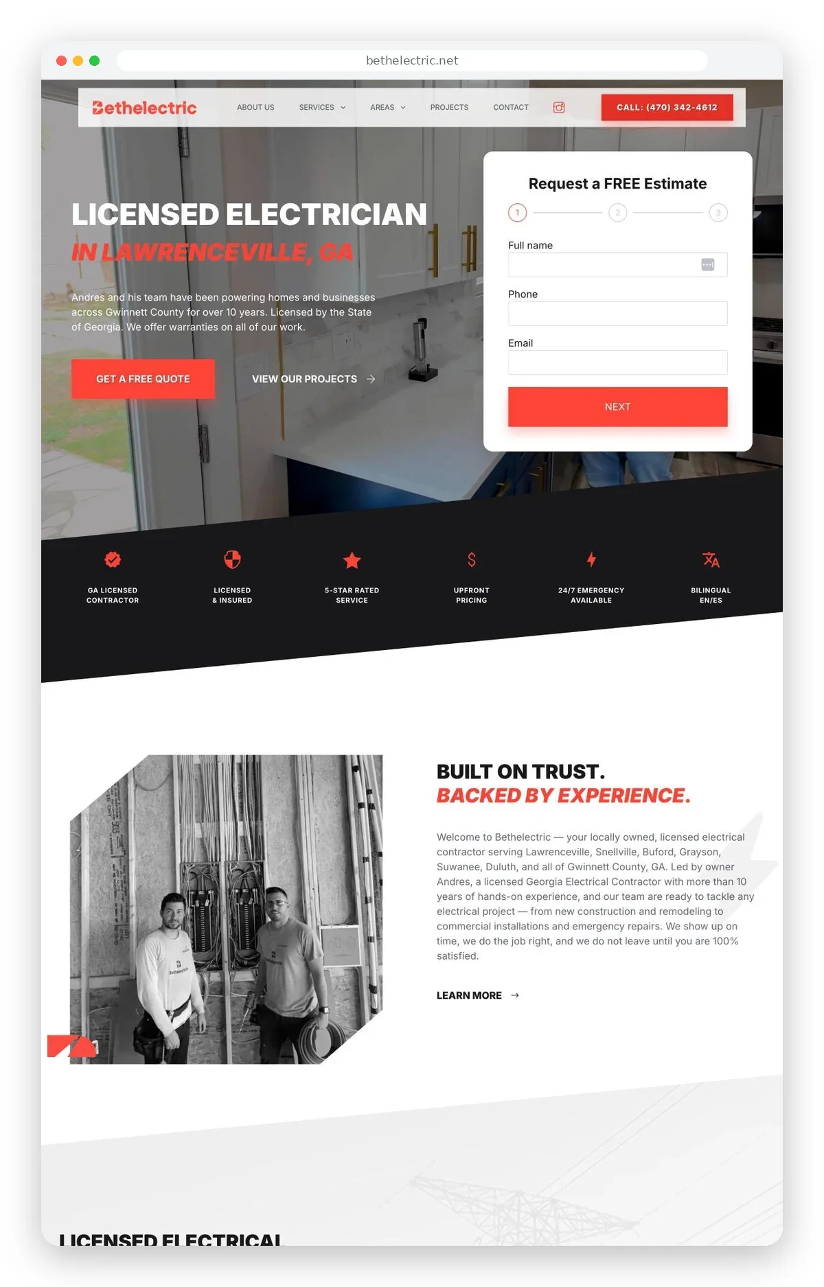 Bethelectric electrical contractor website homepage showing the estimate form, trust badges, and service areas