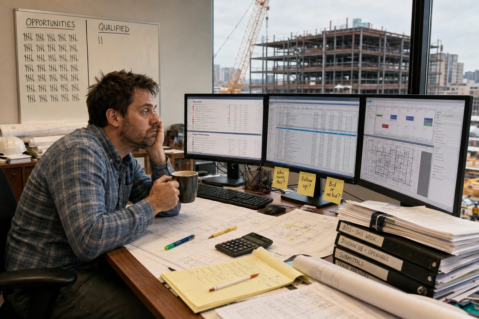 Estimator buried in bid alerts across three monitors with nobody assigned to follow up