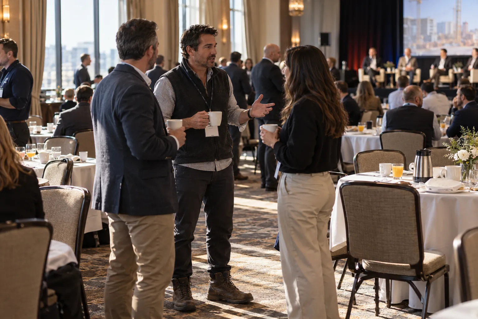 Contractor talking with developers at an industry association breakfast event