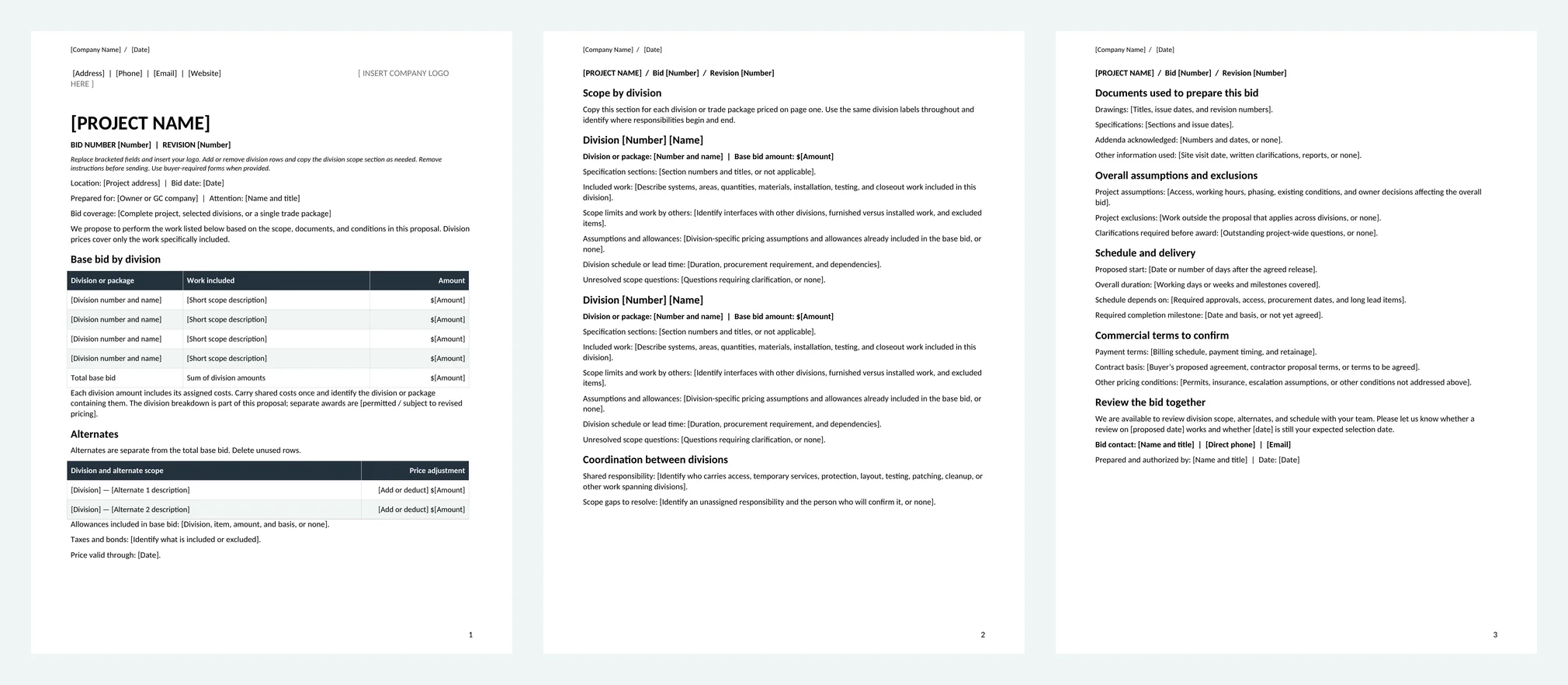 Three pages of the IdealRev commercial construction bid template: division pricing and alternates, scope by division, and documents, exclusions, schedule, and terms