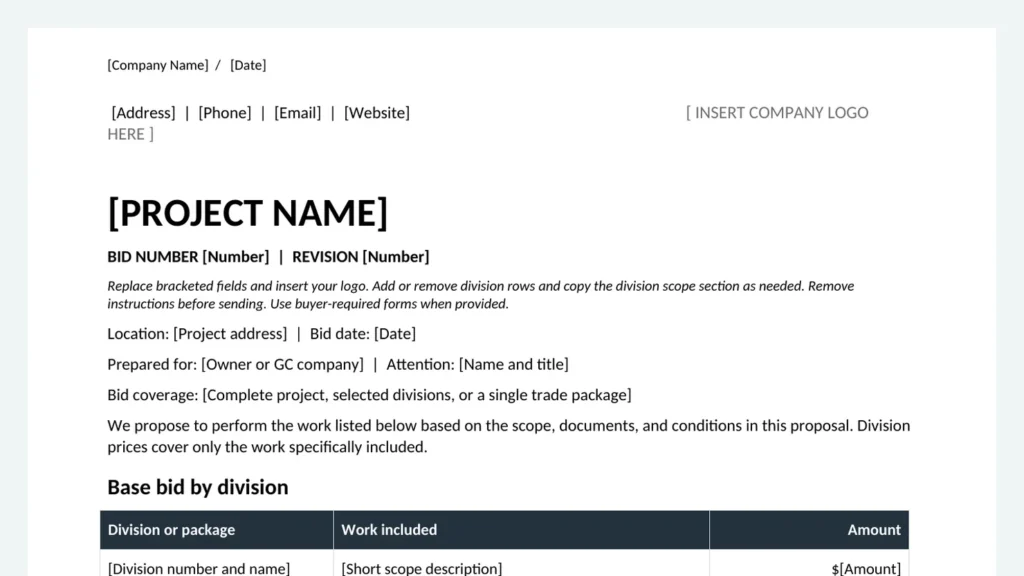 Commercial construction bid template in Word, page one