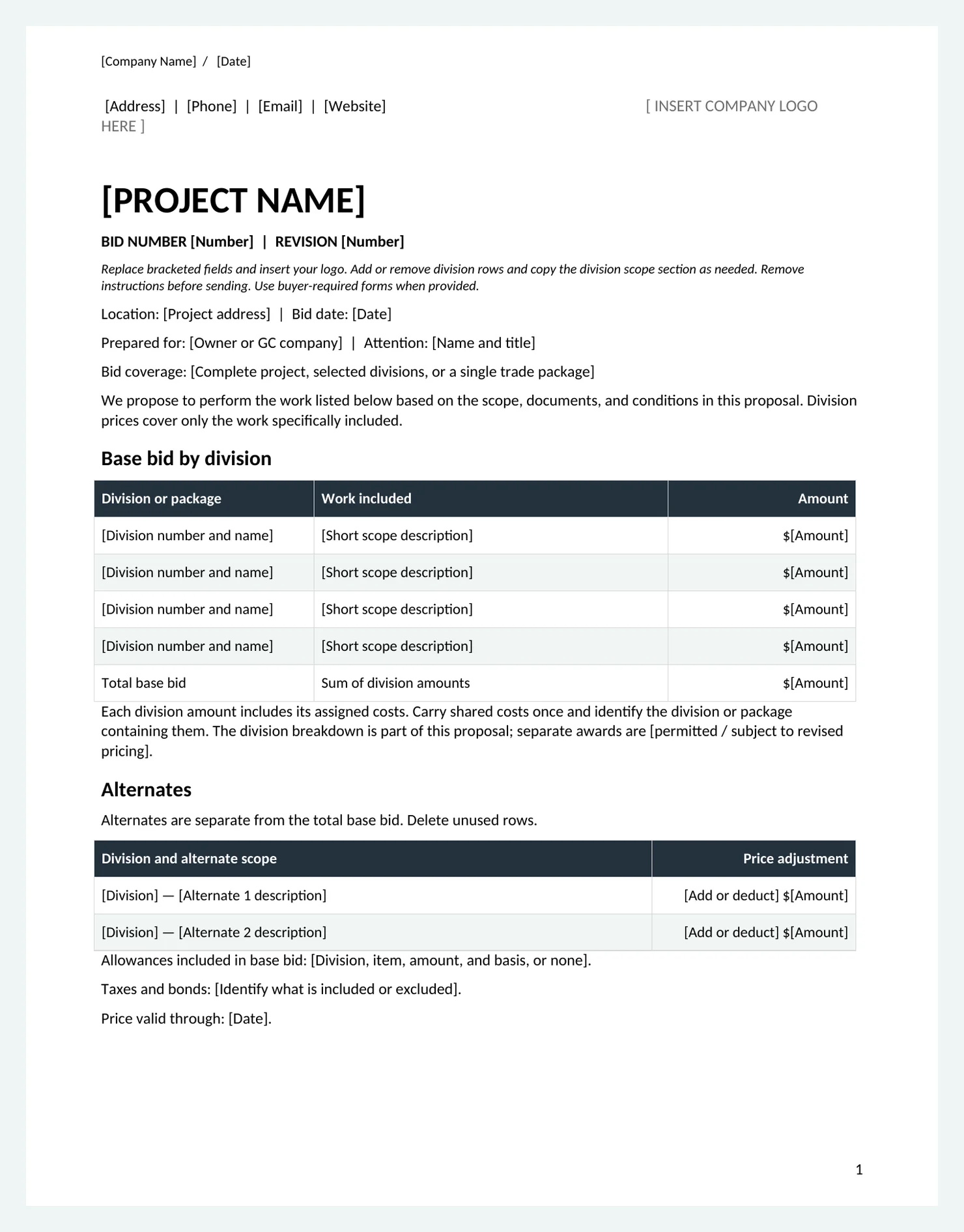 Page one of the construction bid template showing the header block, base bid by division table, and alternates table