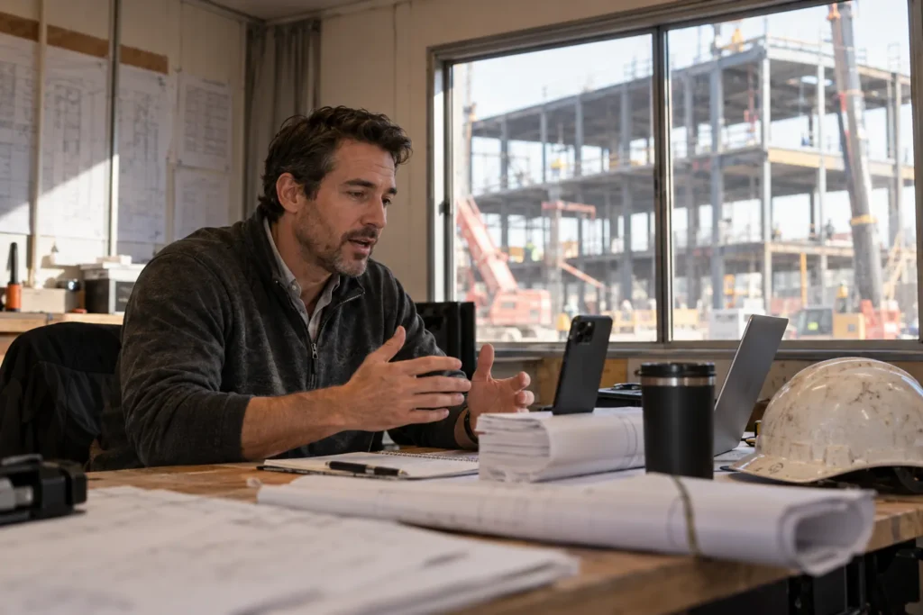 Construction company owner recording a short video in a jobsite trailer for content marketing