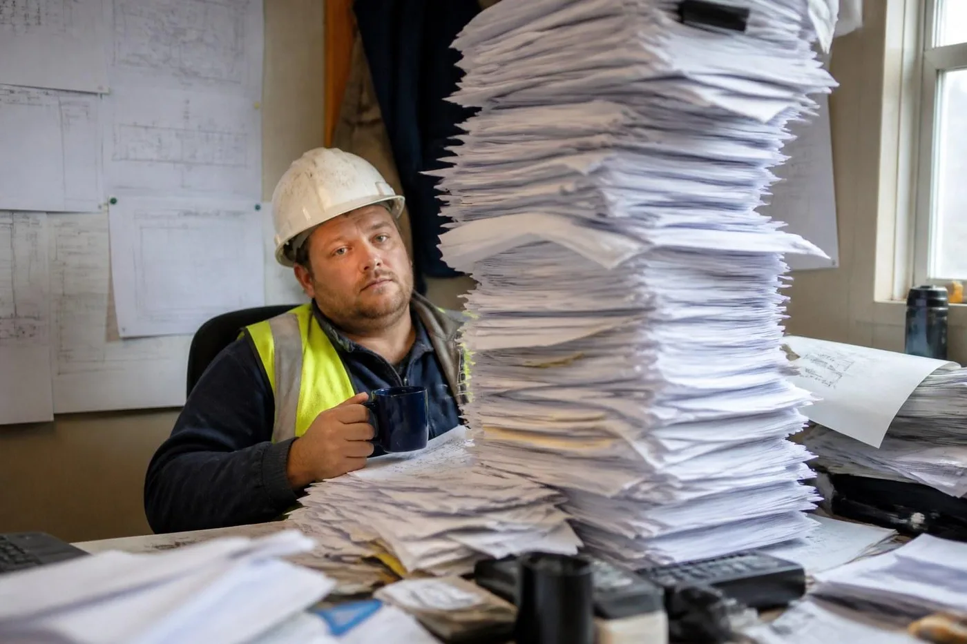 Contractor buried under a stack of printed contact lists