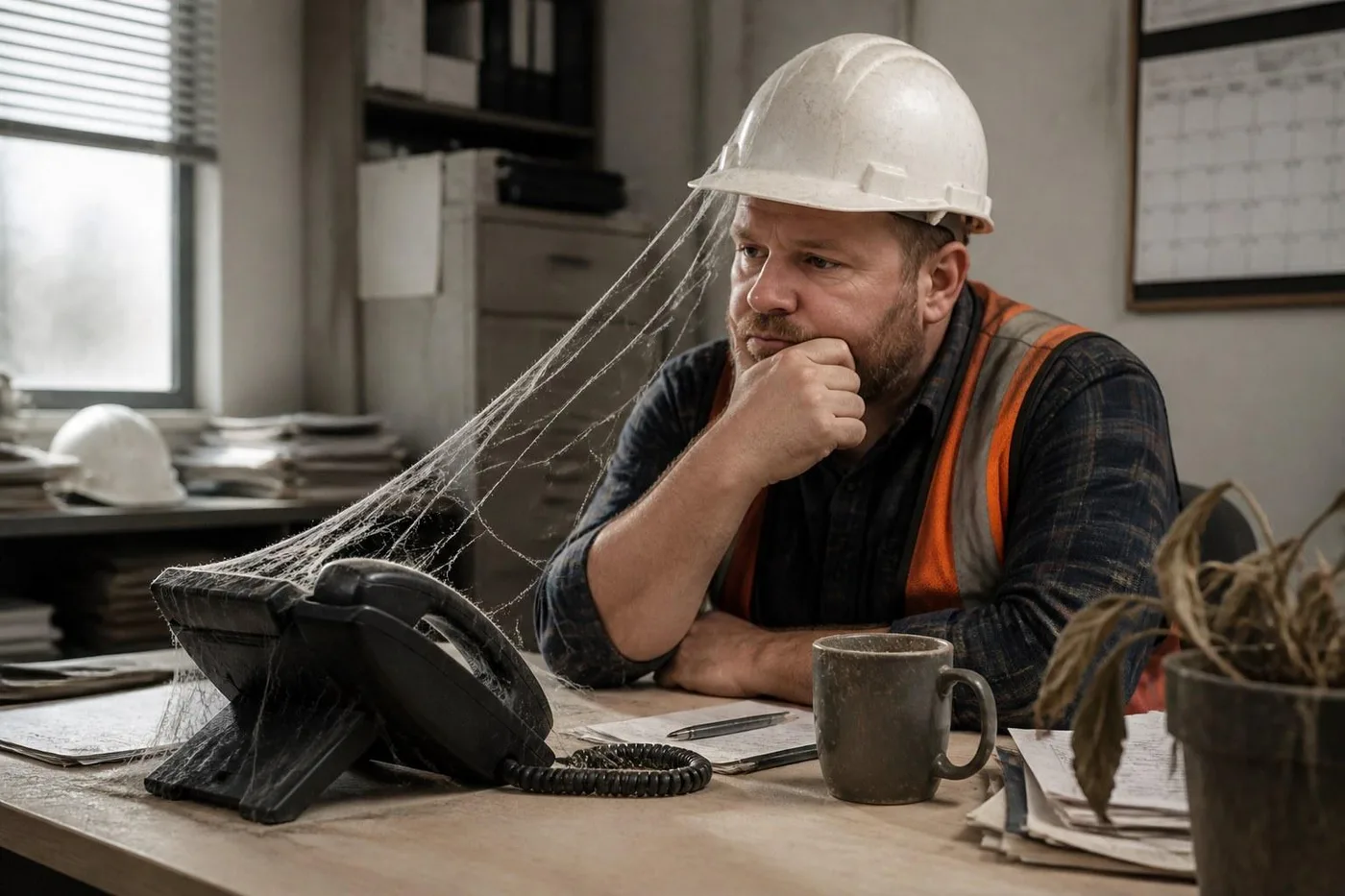 Contractor waiting by a silent phone covered in cobwebs