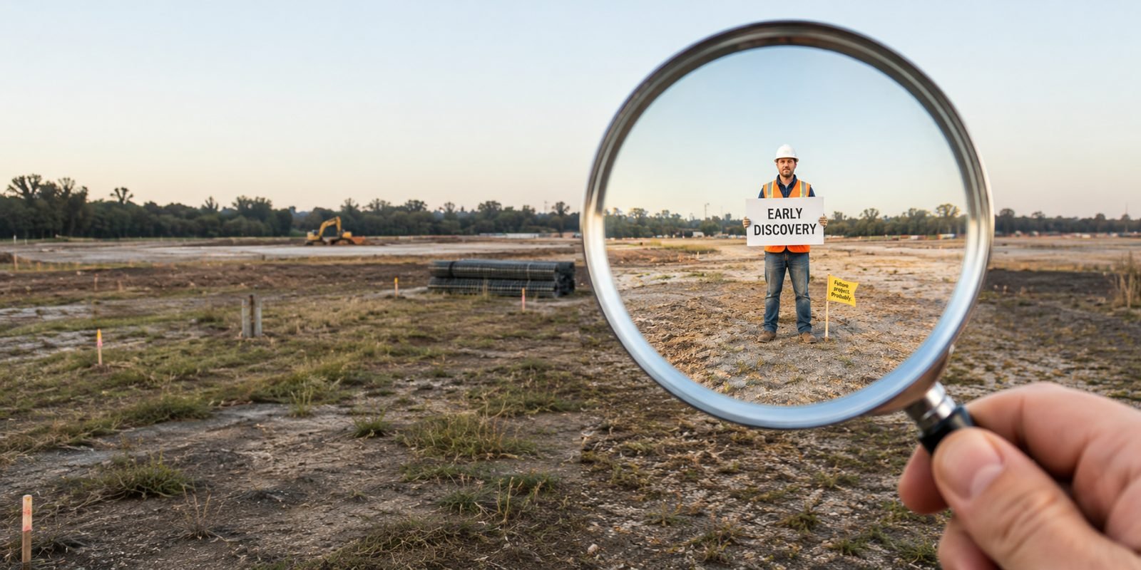 Magnifying glass over an empty lot showing early project discovery before the bid