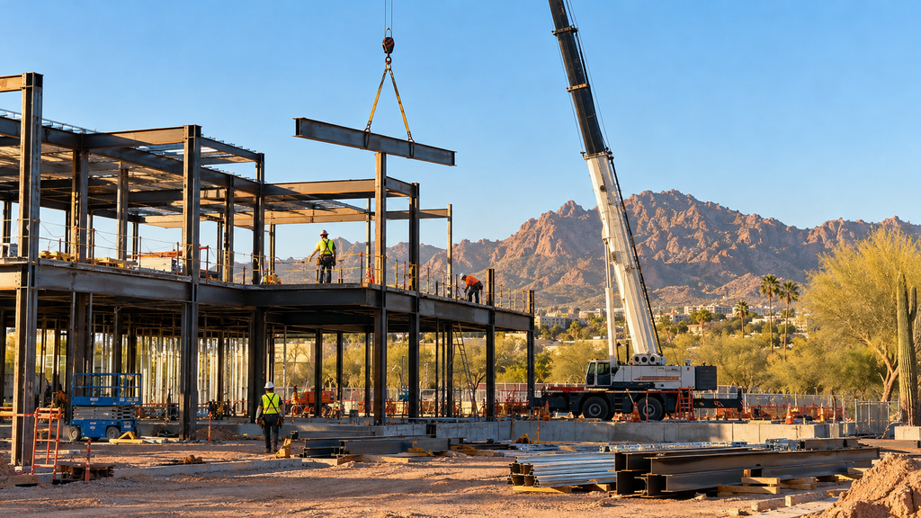Steel frame of a commercial building under construction in Phoenix, Arizona with desert mountains in the background