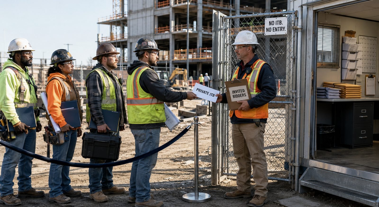 Subcontractors lined up at a jobsite gate waiting for private invitations to bid