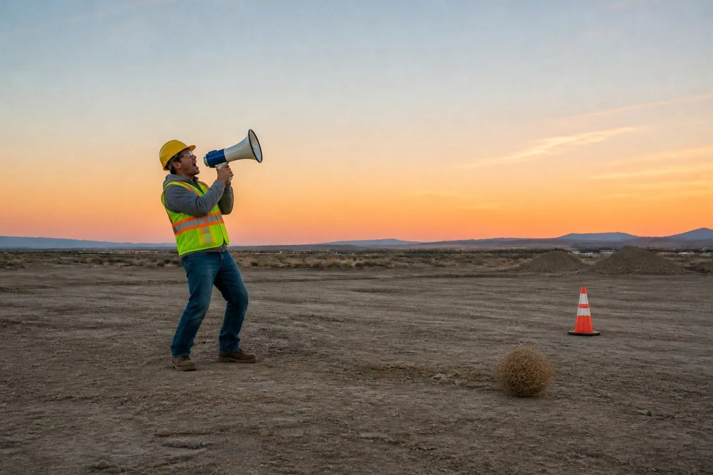 Contractor shouting into a megaphone on an empty lot