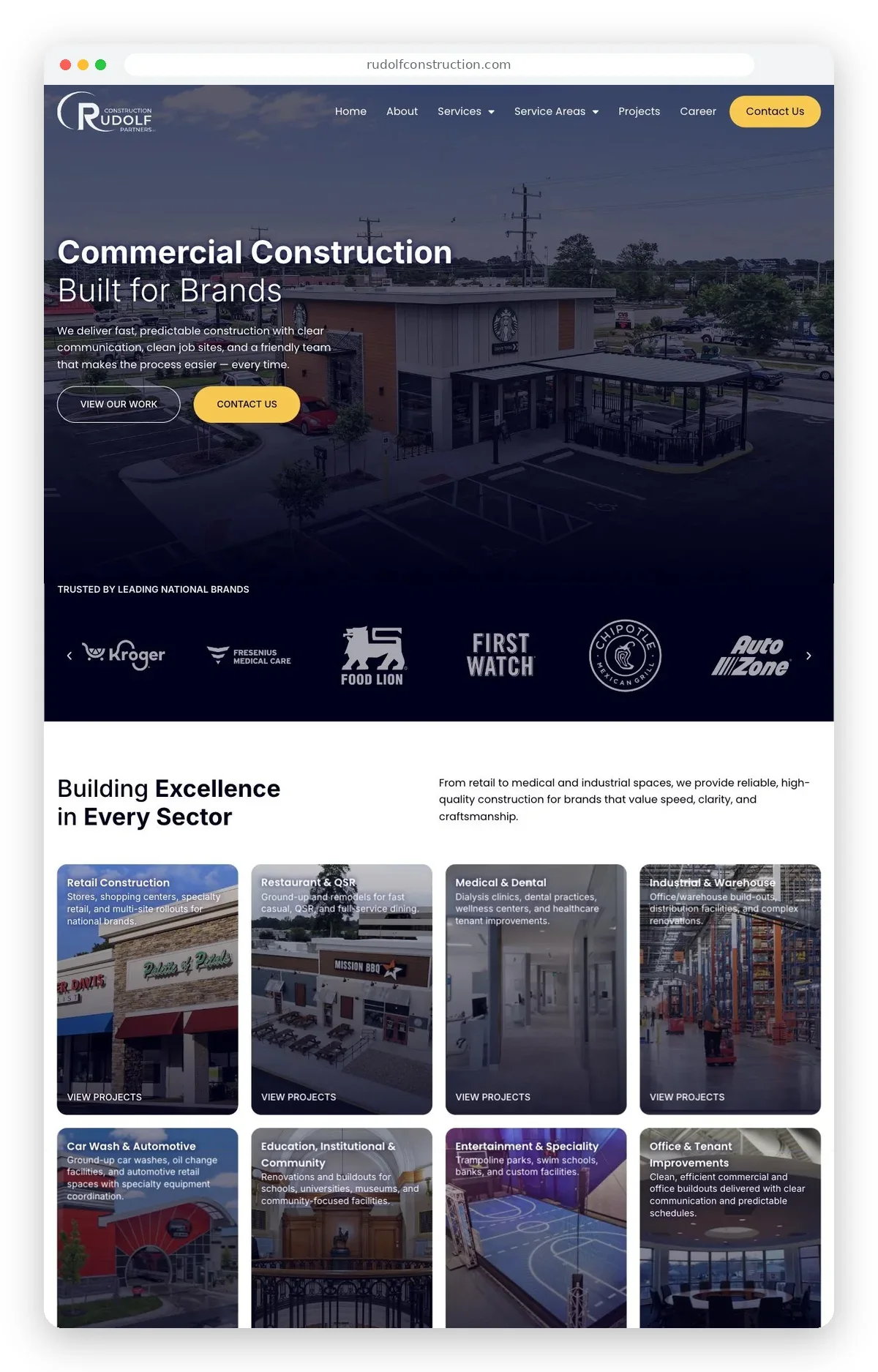 Rudolf Construction Partners commercial construction website homepage showing national brand logos and sector project cards