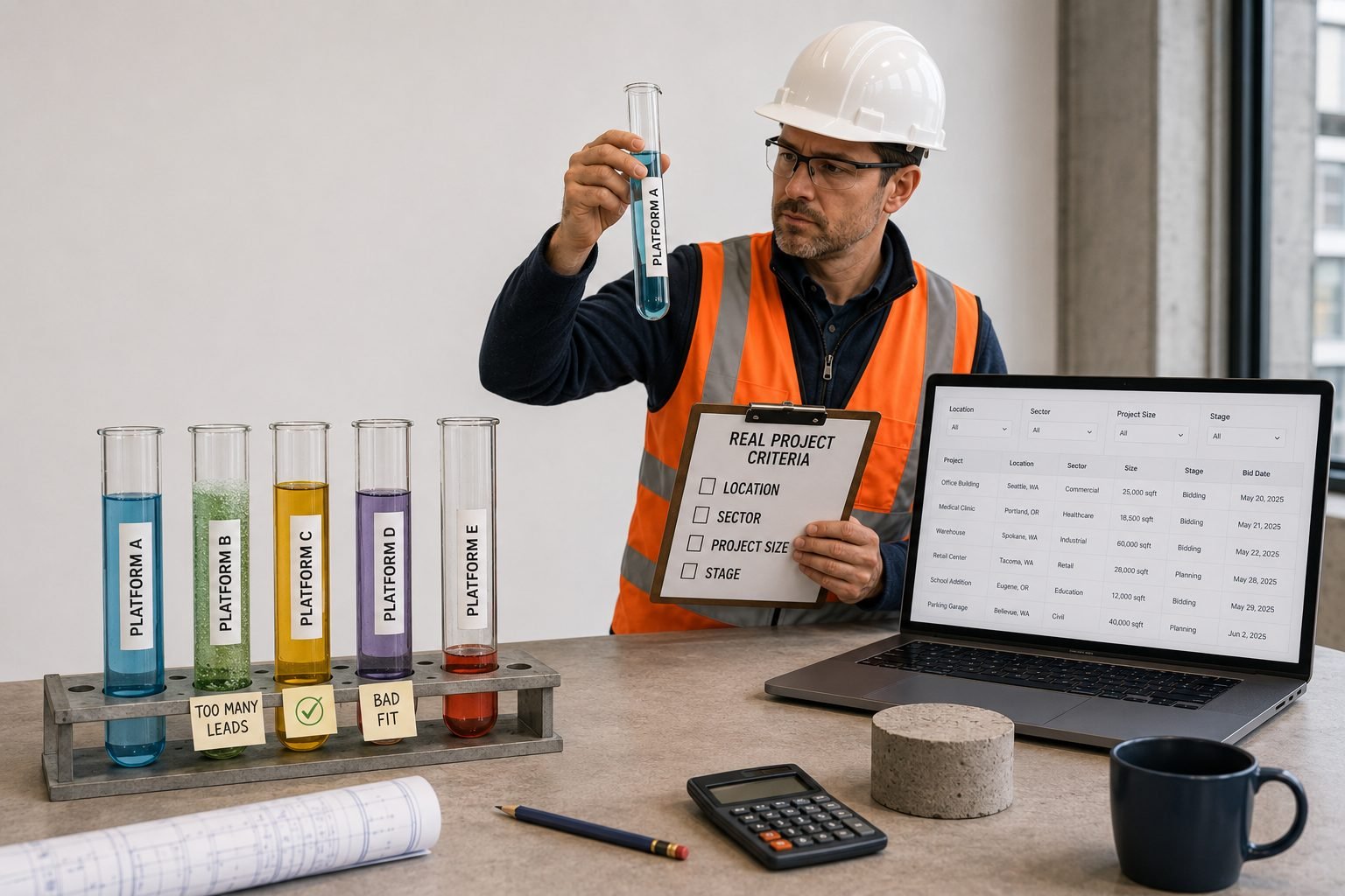 Contractor testing construction bid platforms against real project criteria before buying