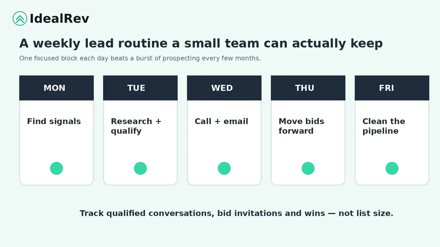Weekly lead routine: find signals, research and qualify, call and email, move bids forward, clean the pipeline